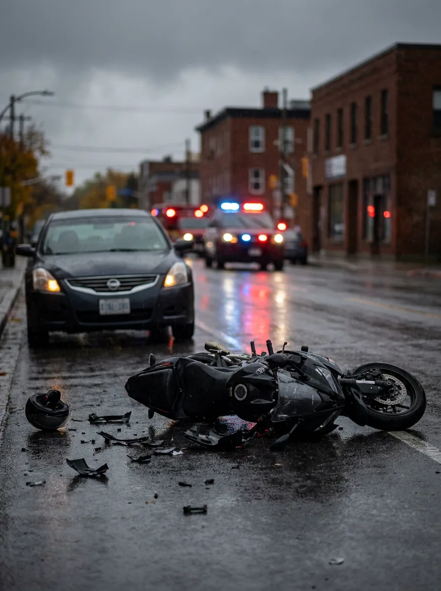 Motorcycle down on a wet Toronto street after a collision