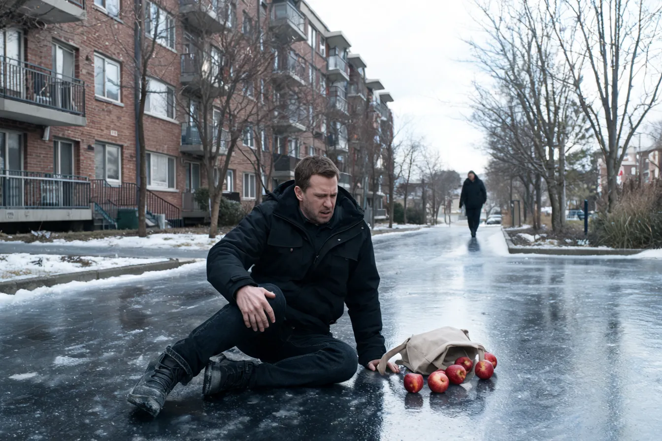 Slip and fall accident on an icy, untreated residential sidewalk in winter.